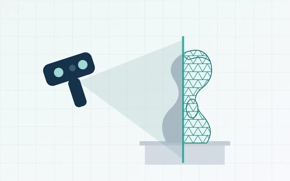 Illustration of an abstract stone sculpture on a plinth being 3D scanned