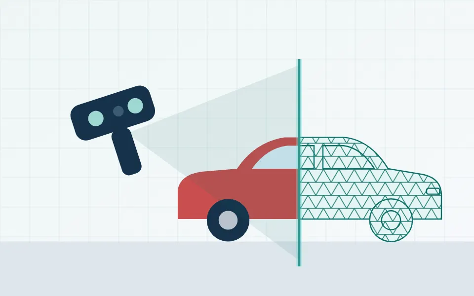 Illustration of a classic car being 3D scanned, with the front half shown as a digital mesh