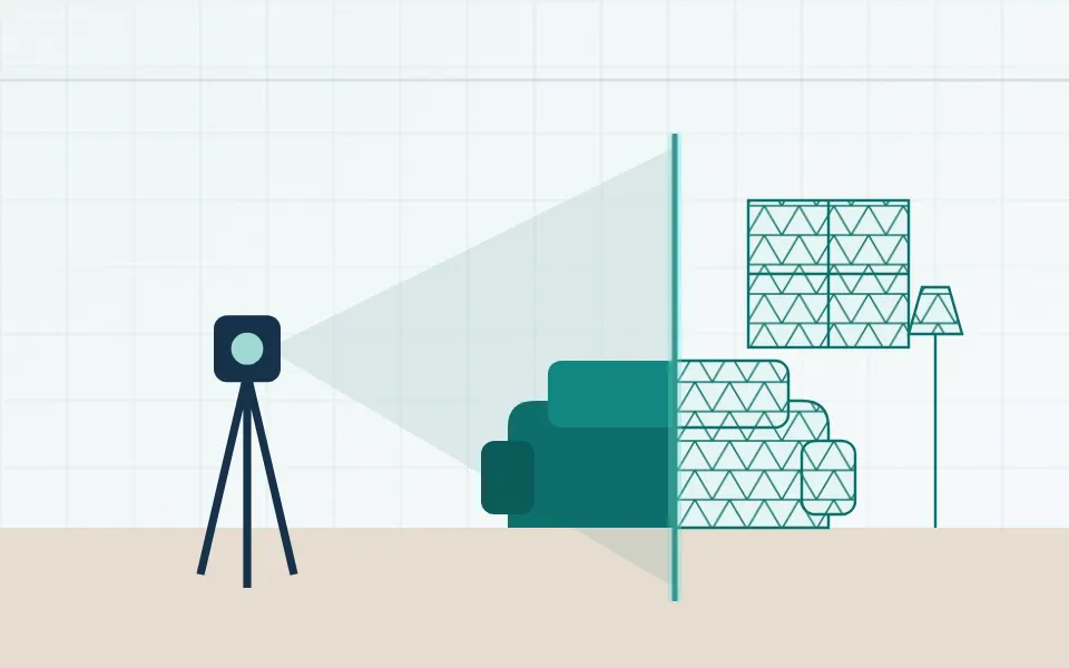 Illustration of a living room with a sofa and window being captured by a tripod 3D scanner