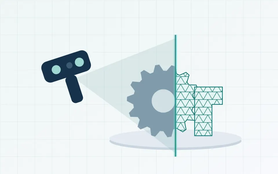 Illustration of a handheld 3D scanner turning a metal gear and bracket into a digital mesh